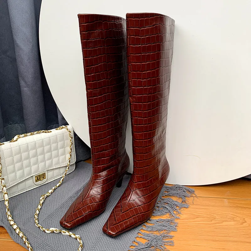 Cowboy Boots Handmade Crocodile Pattern Genuine Leather Kitten Heel Boots Black/Beige/Brown