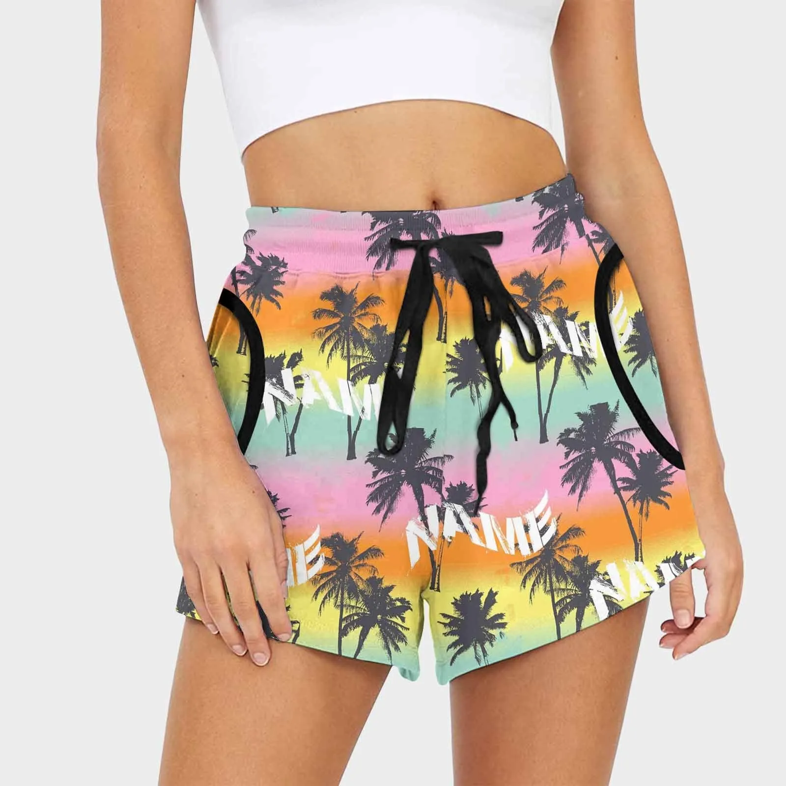 Custom Name Palm Tree Women's Mid-Length Board Shorts Swim Trunks Put Your Face on Shorts