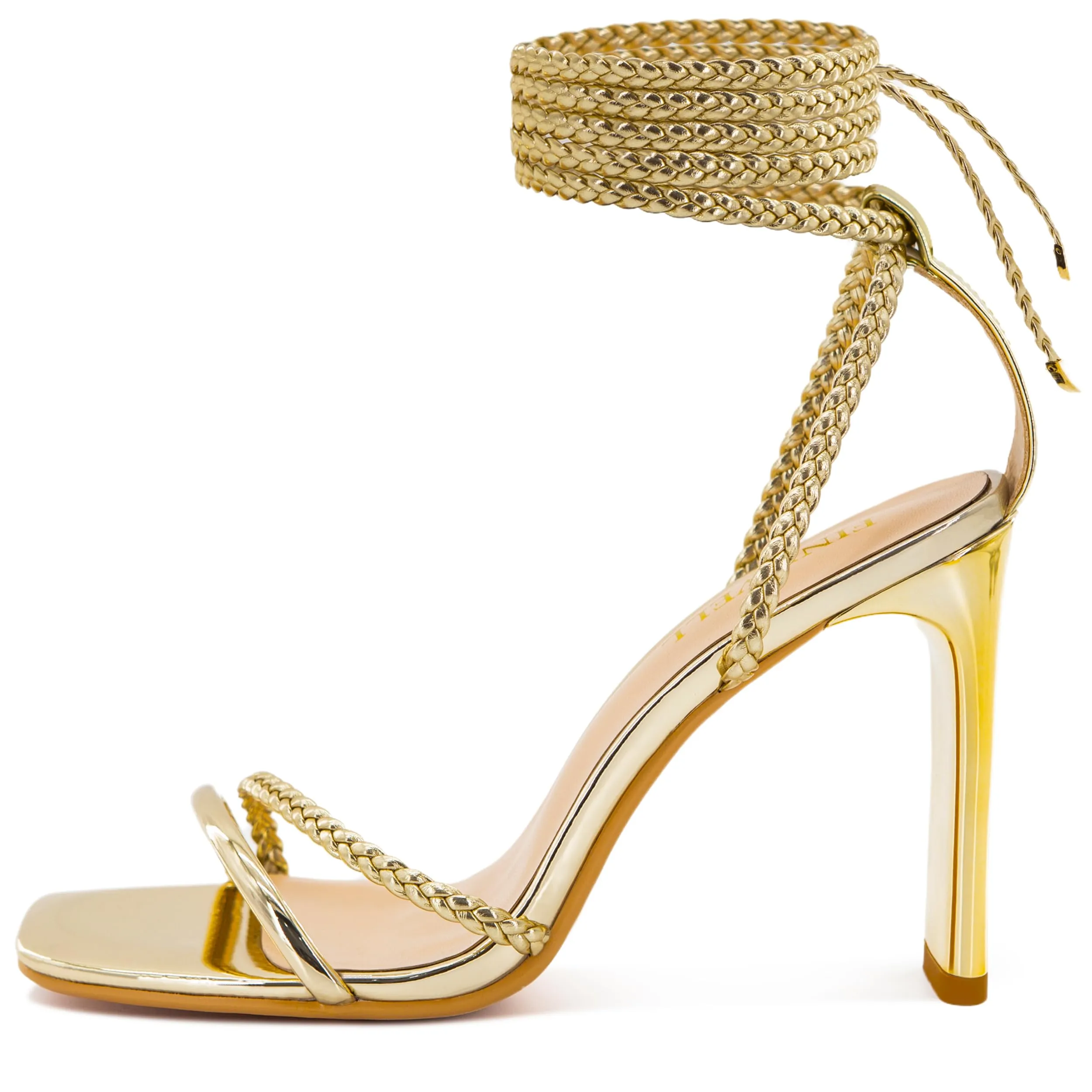 FINDVELL Gold Strappy Heels for Women Lace Up Heels Braided Tie Up High Heeled Sandals Square Open Toe Chunky Block Heels Party Dress Shoes Size 8
