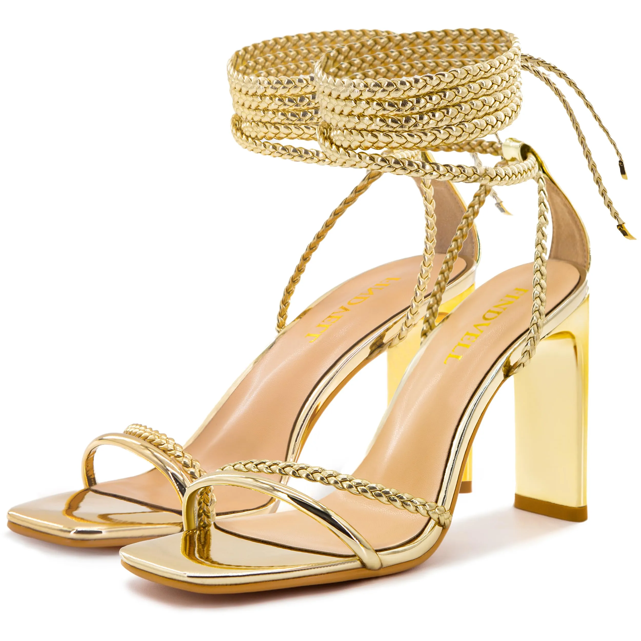 FINDVELL Gold Strappy Heels for Women Lace Up Heels Braided Tie Up High Heeled Sandals Square Open Toe Chunky Block Heels Party Dress Shoes Size 8