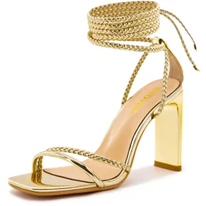 FINDVELL Gold Strappy Heels for Women Lace Up Heels Braided Tie Up High Heeled Sandals Square Open Toe Chunky Block Heels Party Dress Shoes Size 8