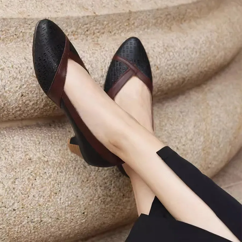 Handmade Leather Point Toe Cut Out Pumps 35mm Block Heel In Beige/Brown/Black Fashion Style