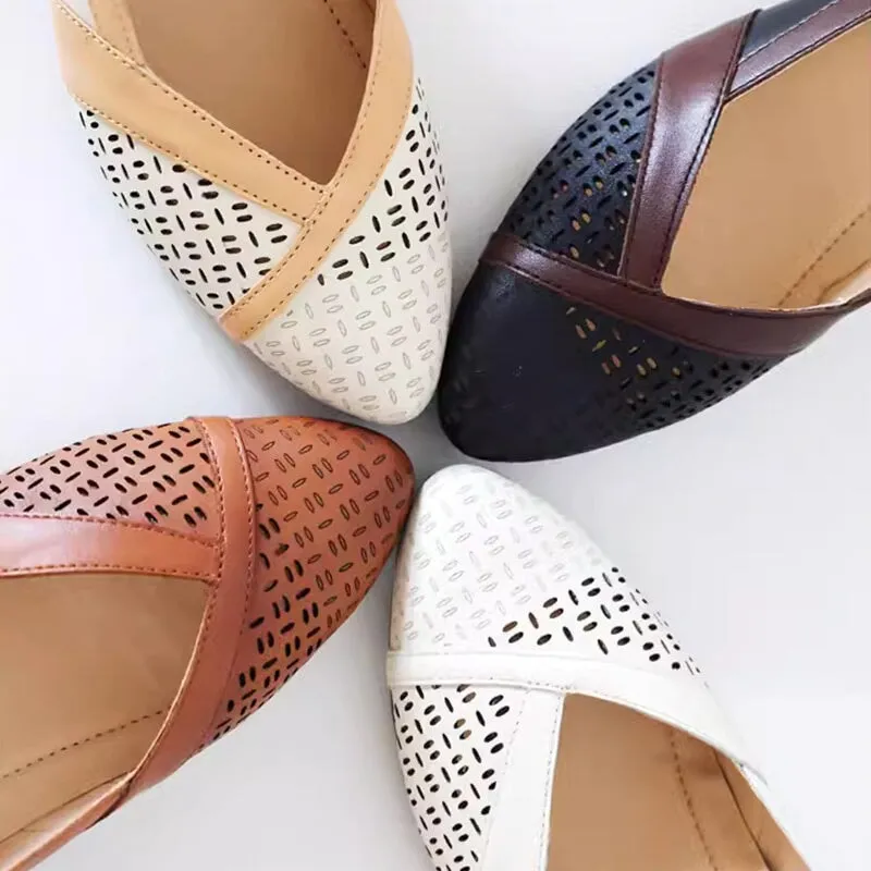 Handmade Leather Point Toe Cut Out Pumps 35mm Block Heel In Beige/Brown/Black Fashion Style