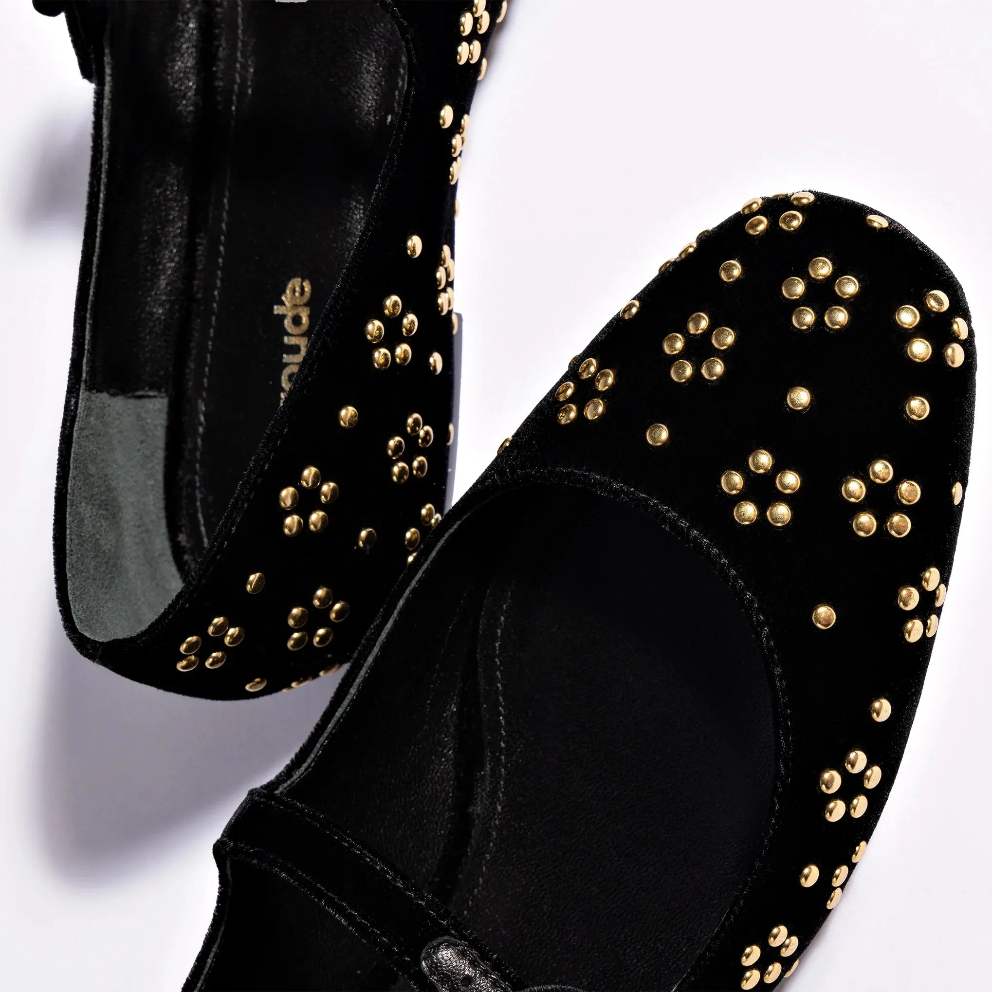 LARROUDÉ Blair Ballet Flat In Black Velvet and Gold Studs