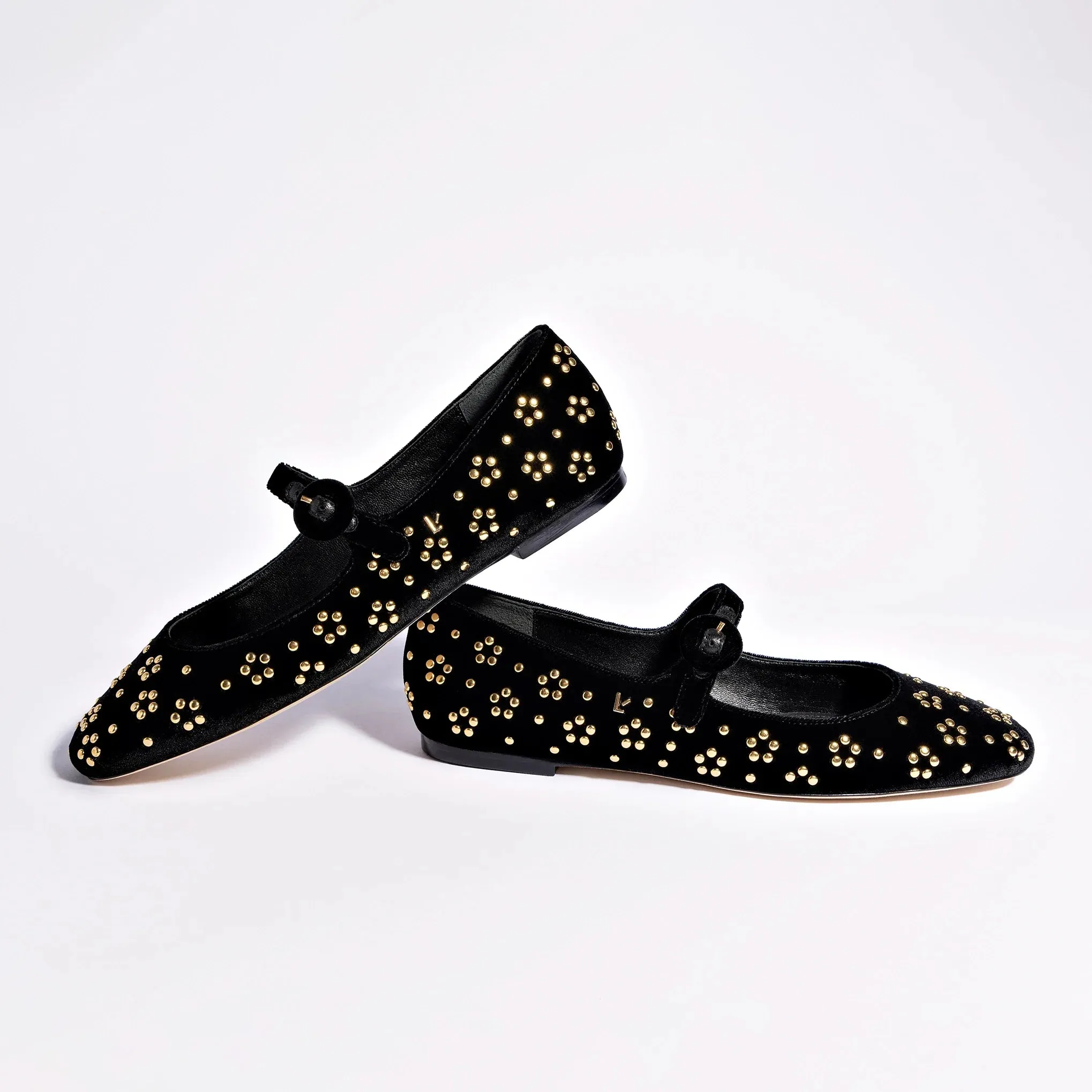 LARROUDÉ Blair Ballet Flat In Black Velvet and Gold Studs