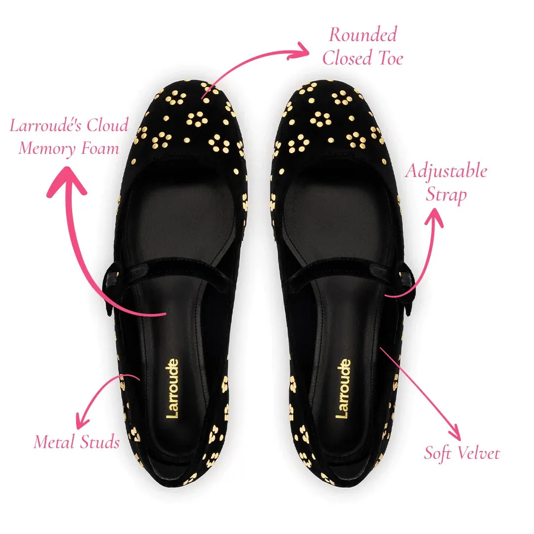 LARROUDÉ Blair Ballet Flat In Black Velvet and Gold Studs