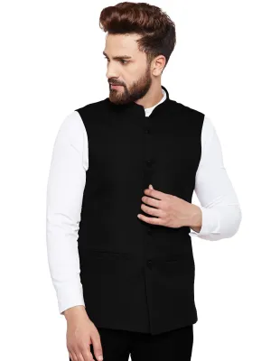 Men Black Solid Slim Fit Formal Nehru Jacket