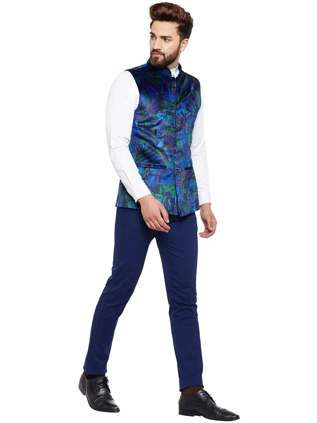 Men Blue Printed Velvet Slim Fit Party Wear Nehru Jacket