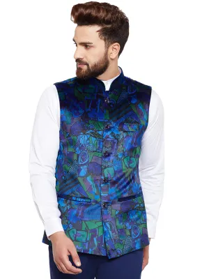 Men Blue Printed Velvet Slim Fit Party Wear Nehru Jacket