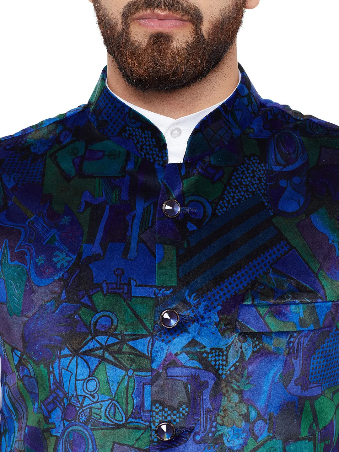 Men Blue Printed Velvet Slim Fit Party Wear Nehru Jacket