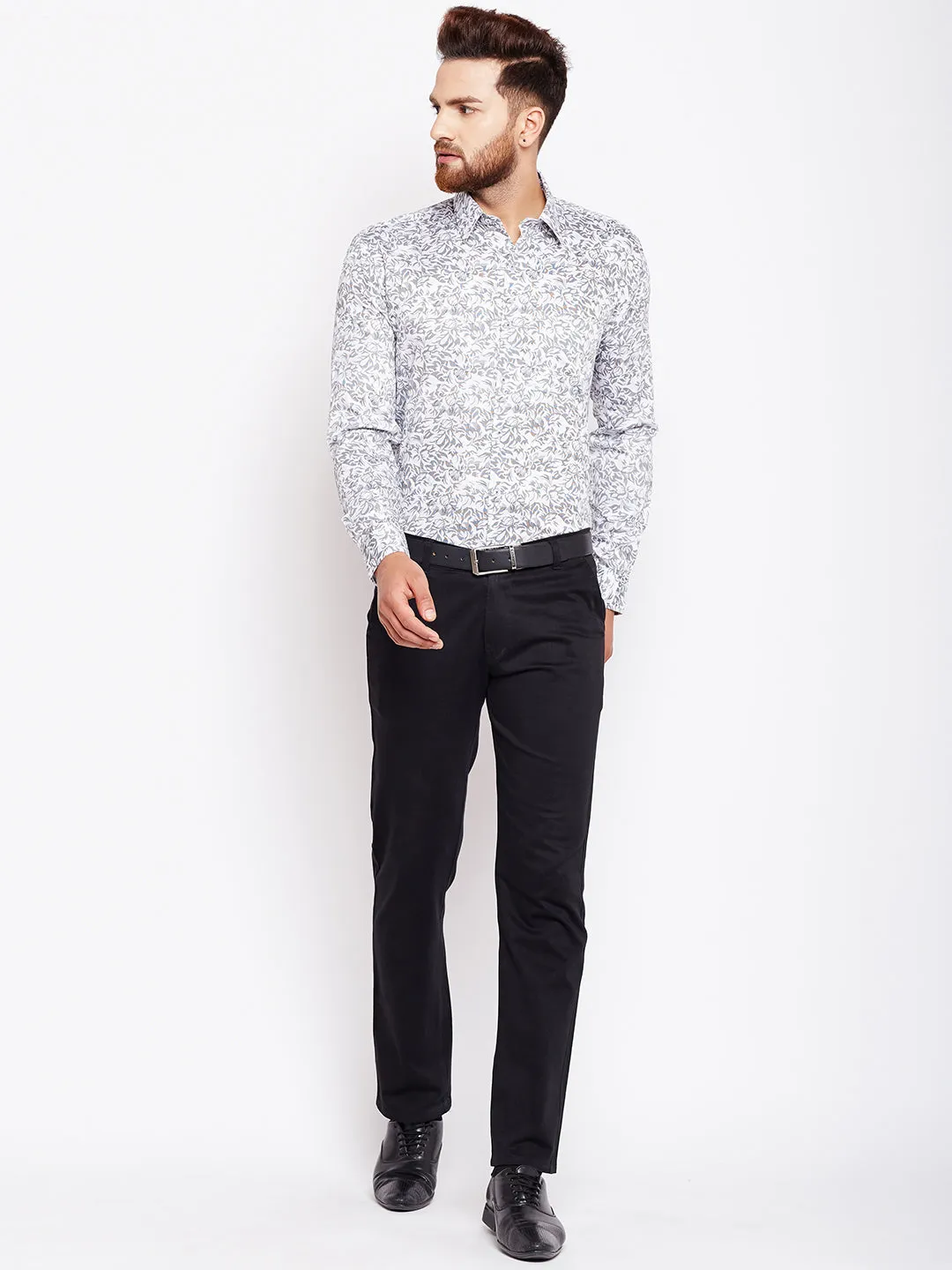 Men White & Grey Printed Pure Cotton Slim Fit Formal Shirt