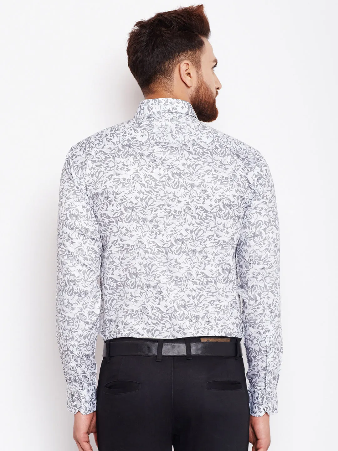 Men White & Grey Printed Pure Cotton Slim Fit Formal Shirt