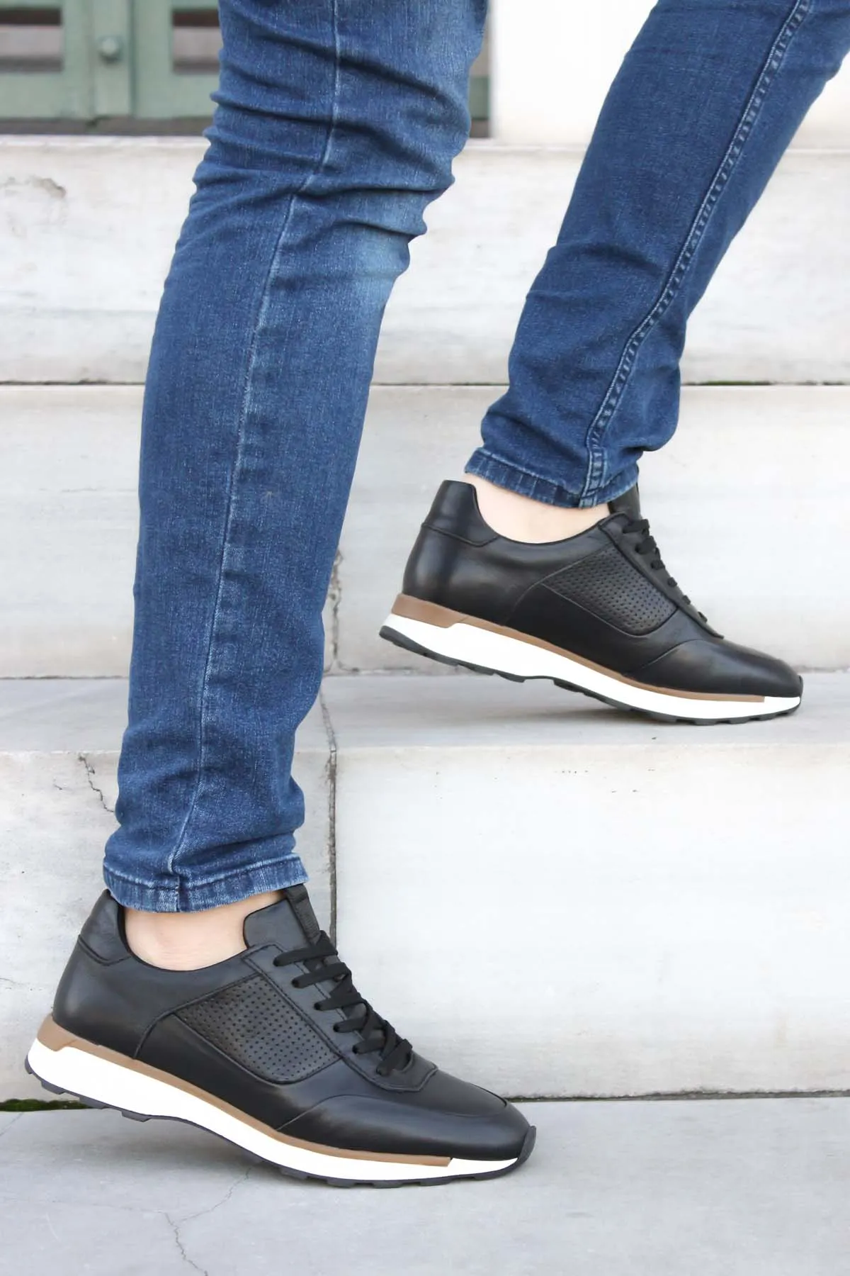 Men's Black and Brown Leather Sneakers-Wessi