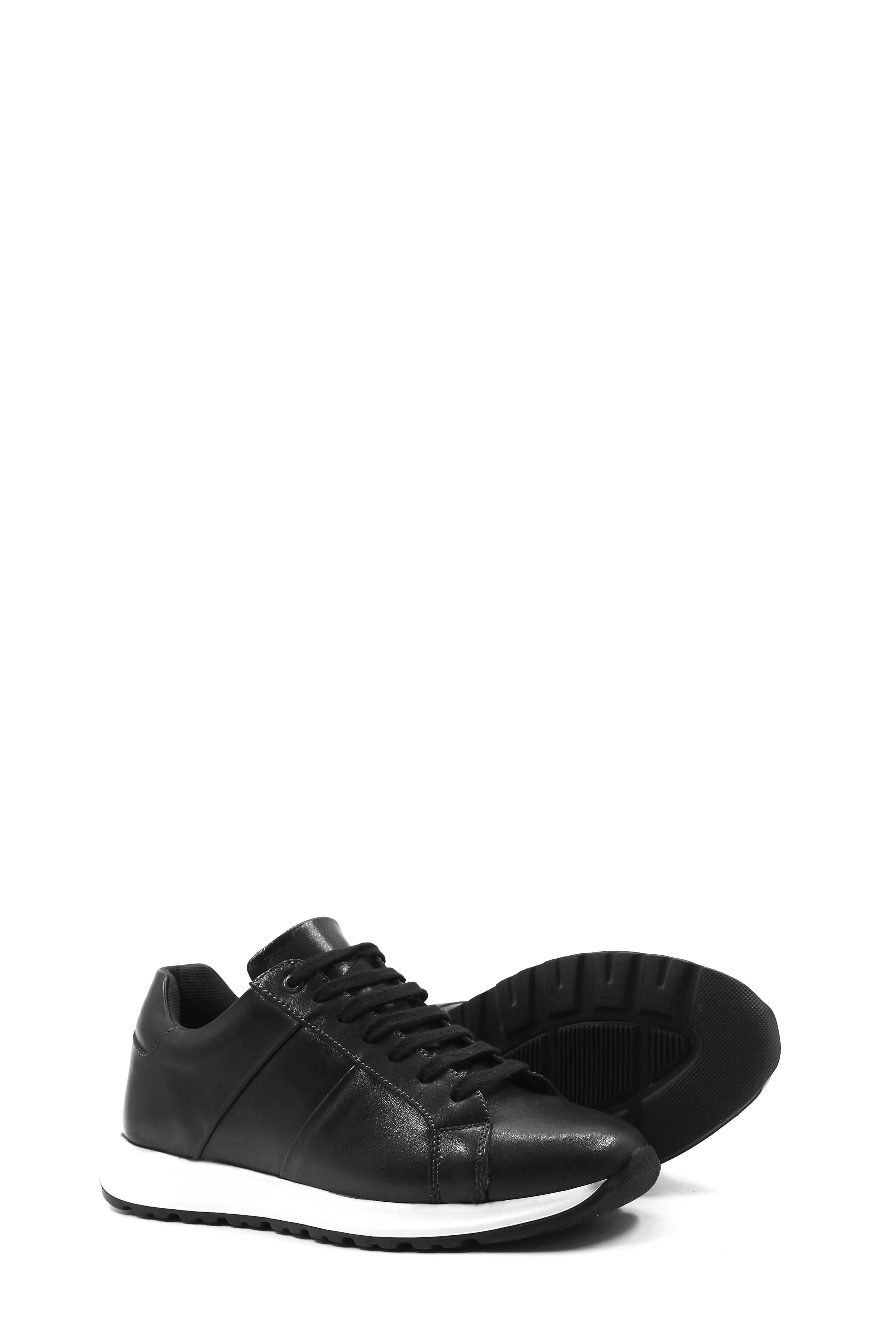 Men's Black Leather Sneakers with White Contrast Sole - Wessi
