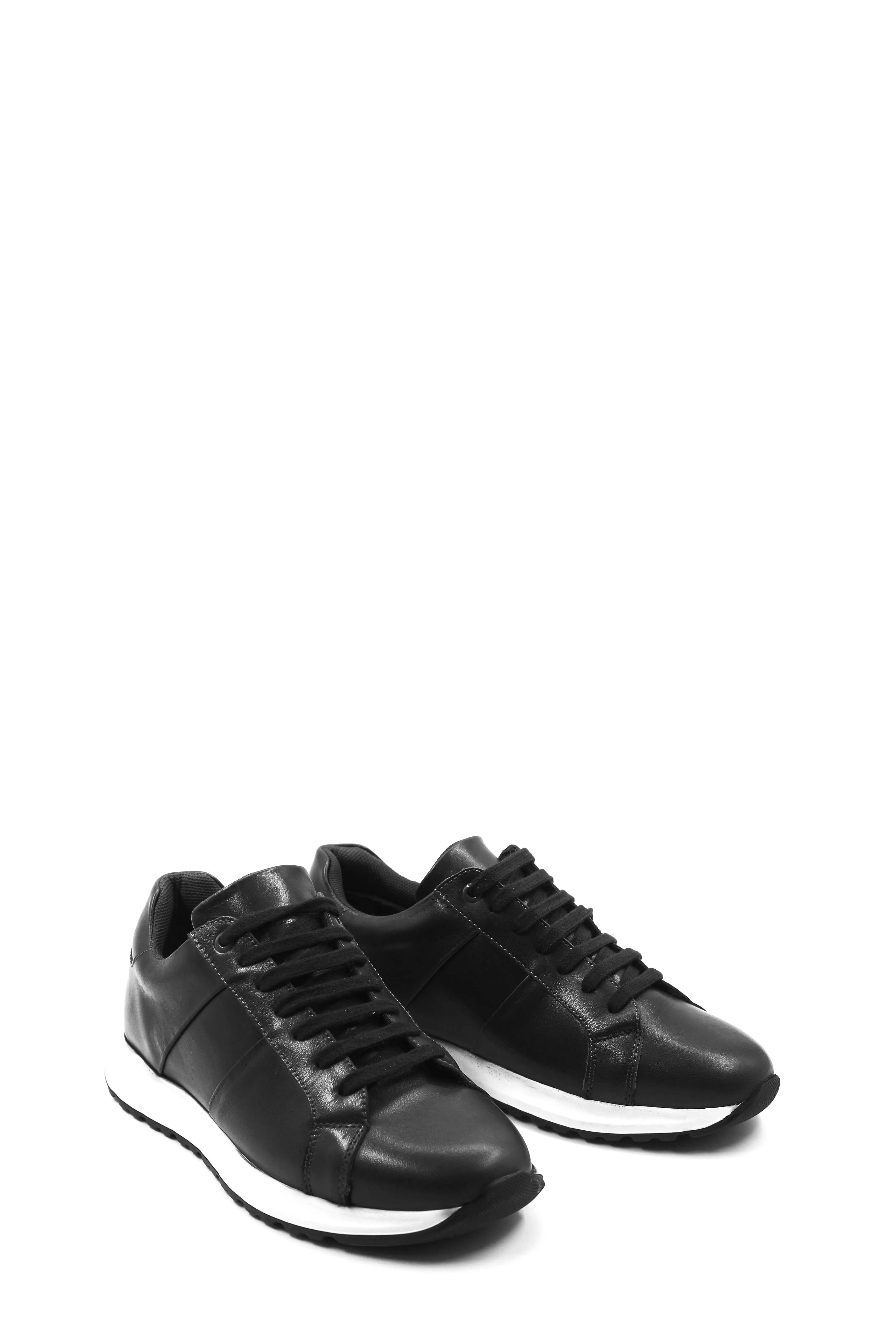 Men's Black Leather Sneakers with White Contrast Sole - Wessi
