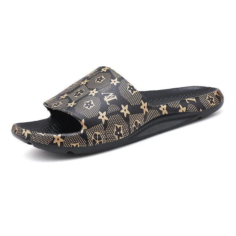Men's summer coconut slippers gold edition trend outdoor word drag men's casual beach shoes plus size wear sandals and slippers.