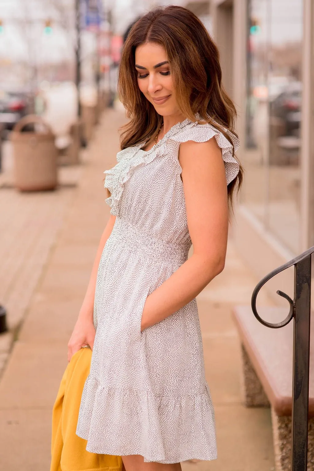 Micro Dots Ruffle Accented Dress