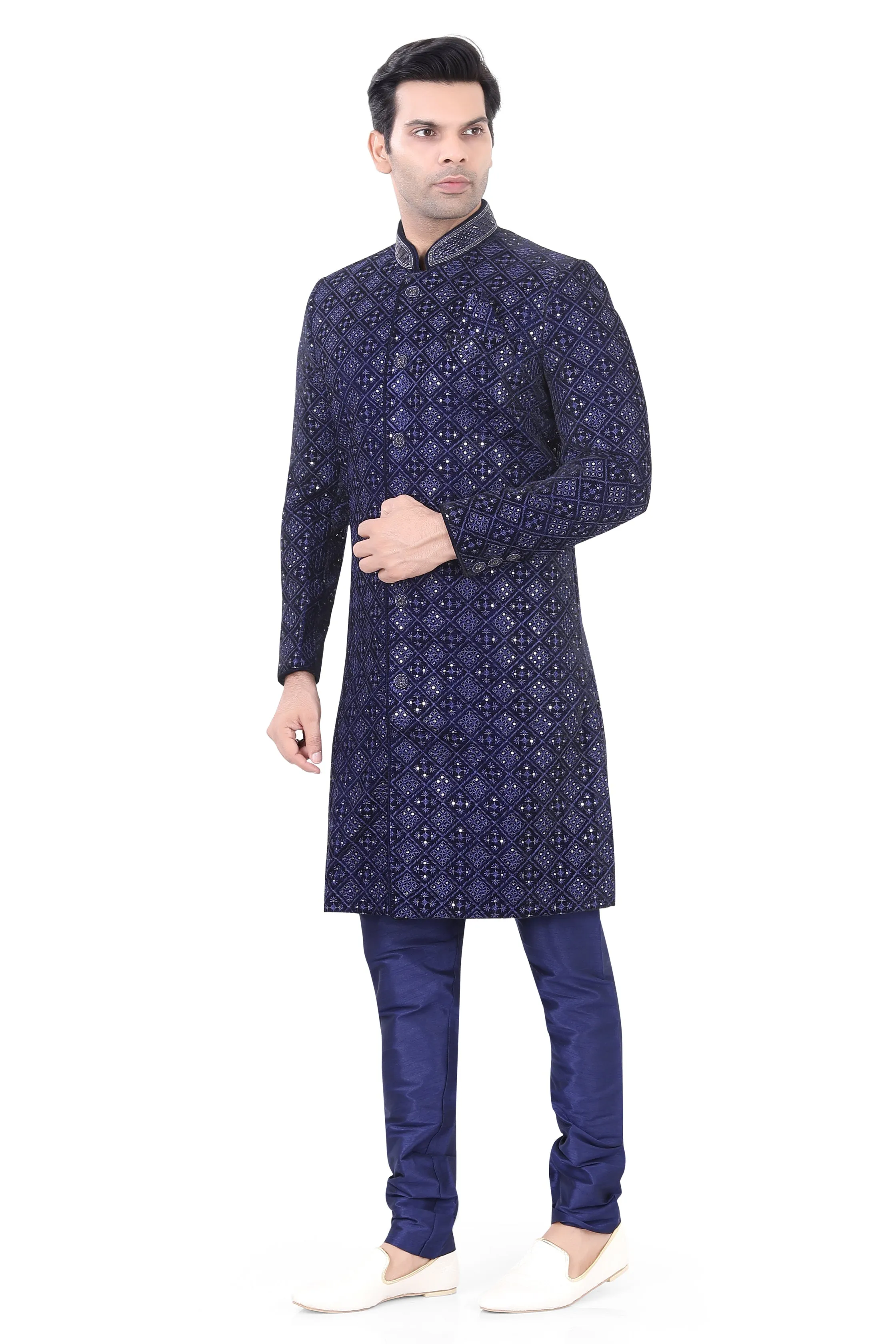 Navy Blue Velvet Sherwani