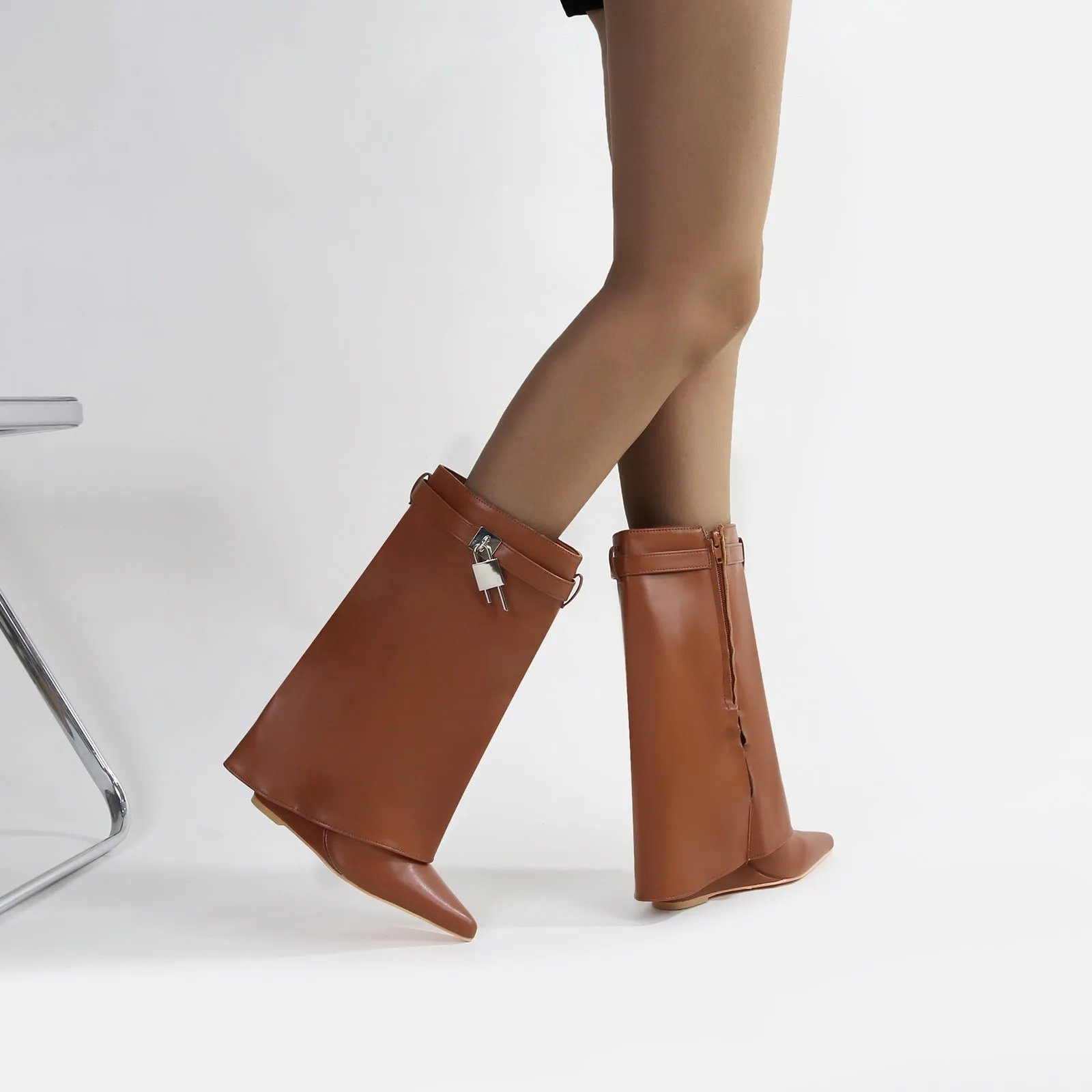 Paisley Leather Fold-over Wege Boots with Lock Detail