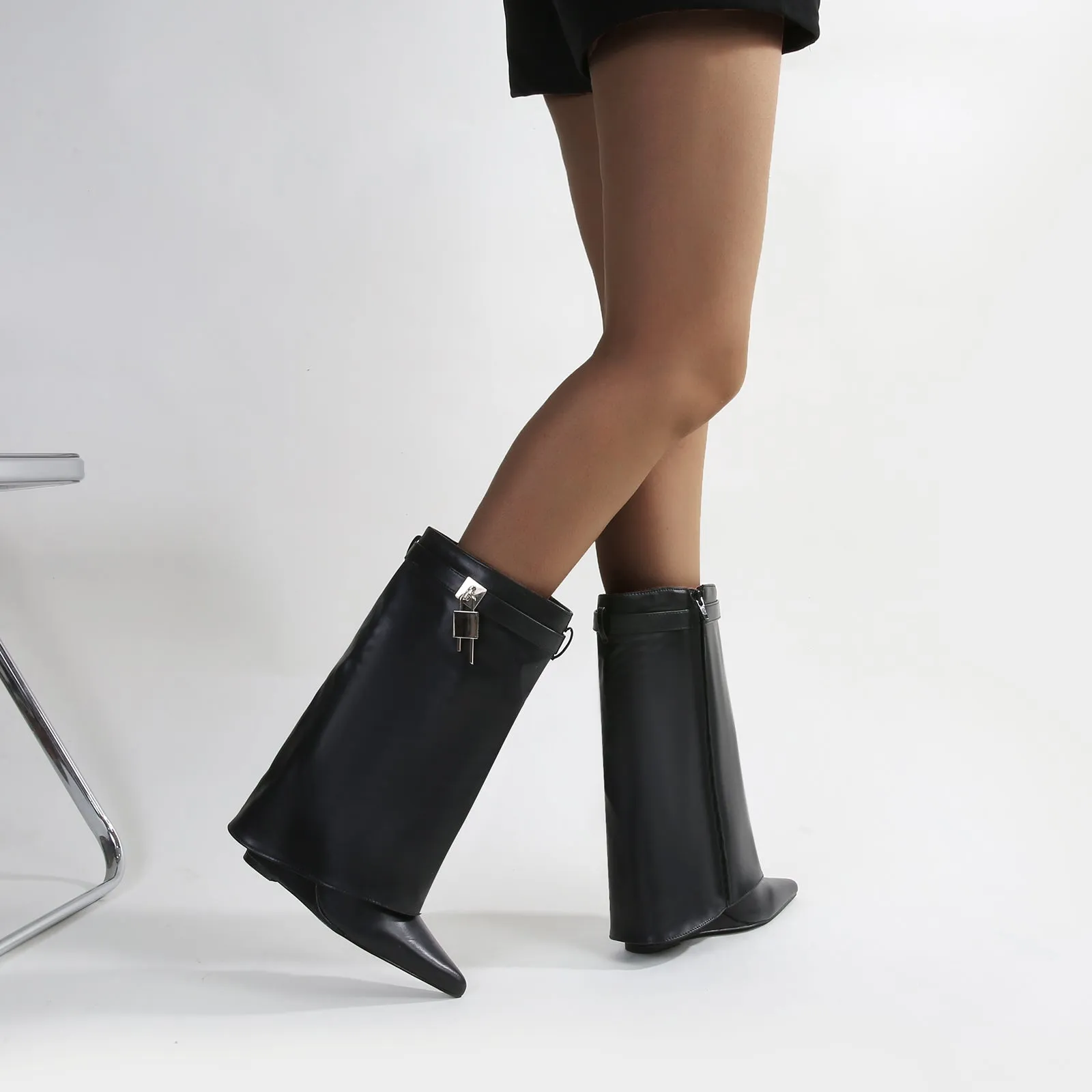 Paisley Leather Fold-over Wege Boots with Lock Detail