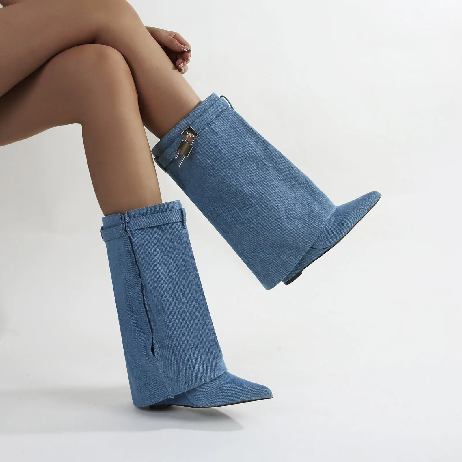 Paisley Leather Fold-over Wege Boots with Lock Detail