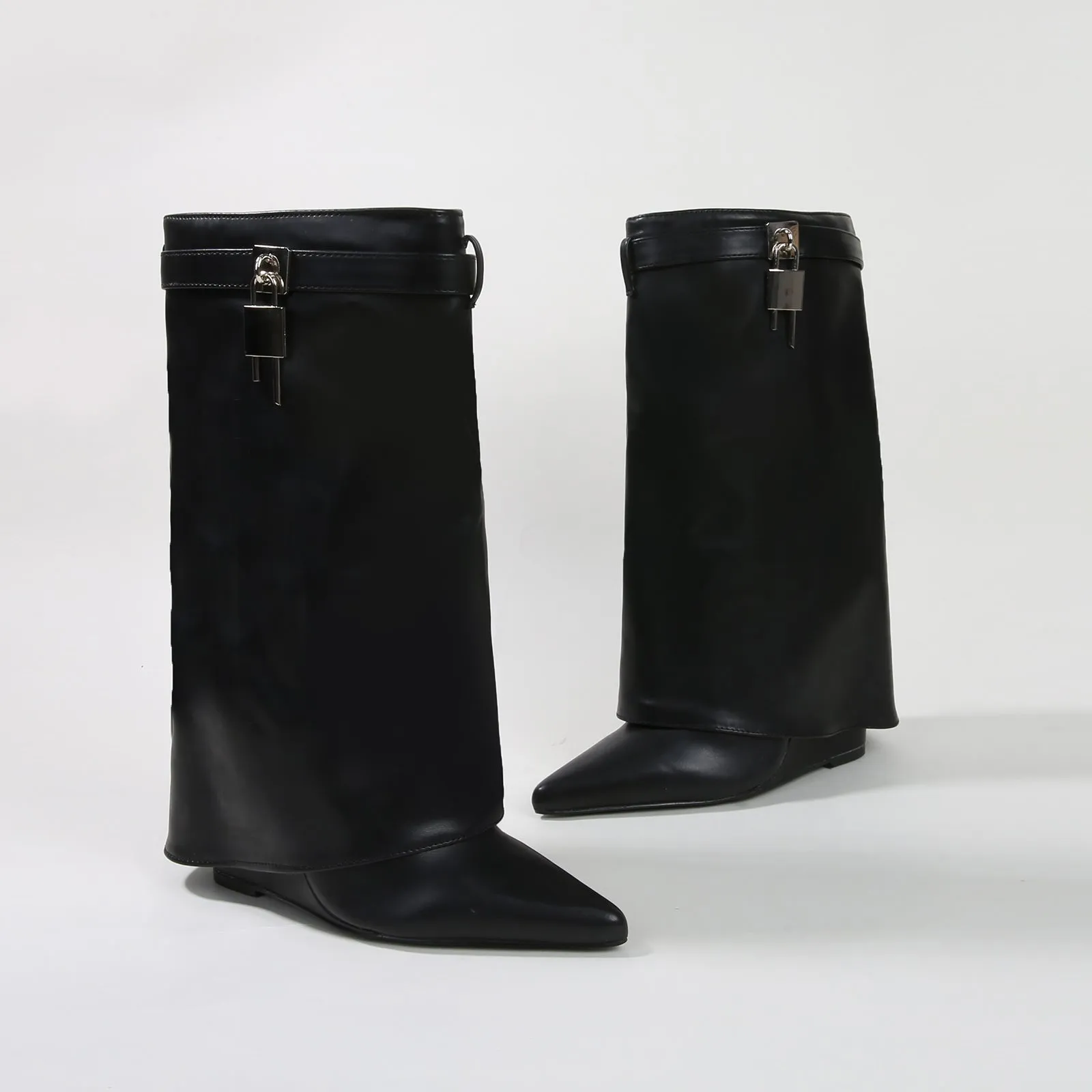 Paisley Leather Fold-over Wege Boots with Lock Detail