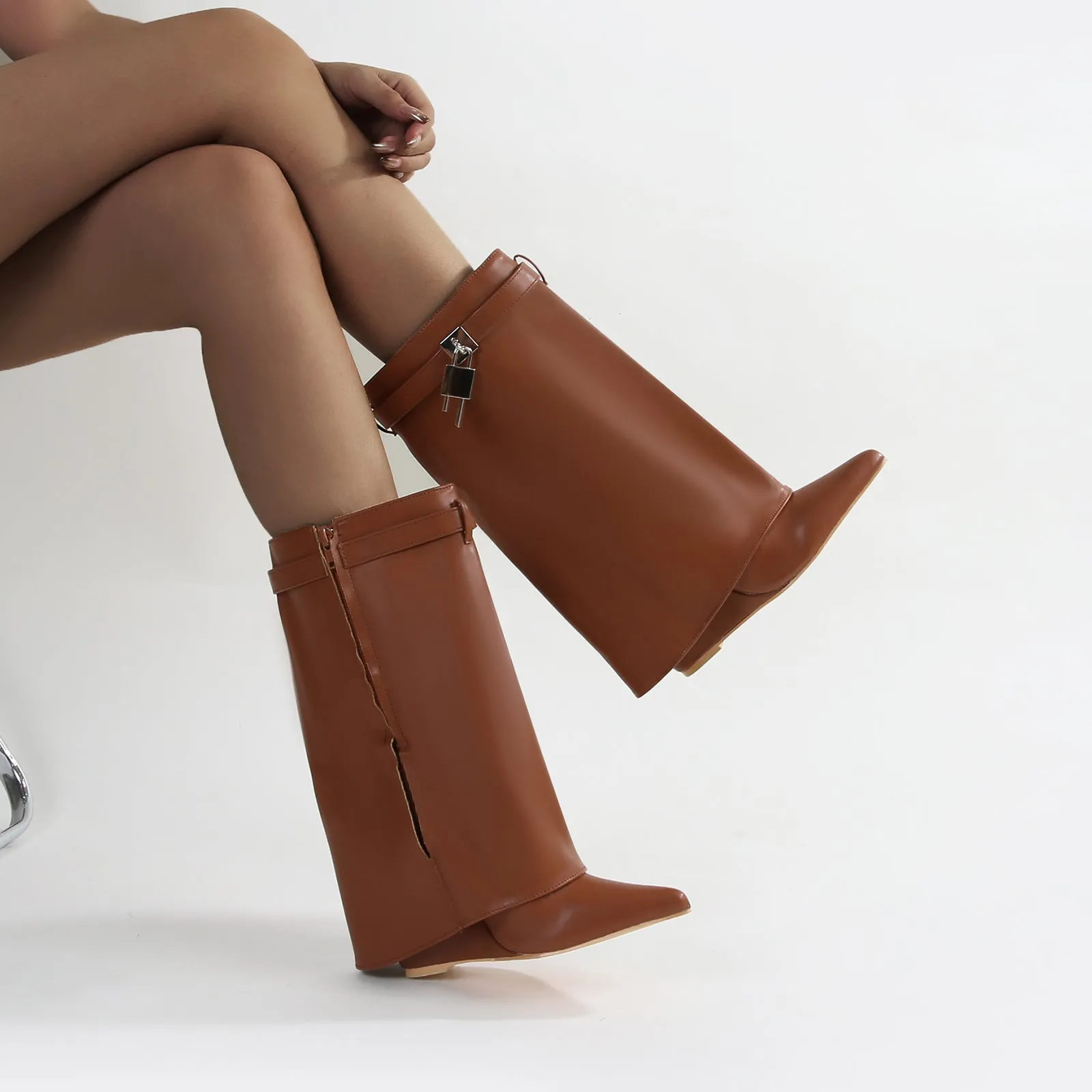 Paisley Leather Fold-over Wege Boots with Lock Detail
