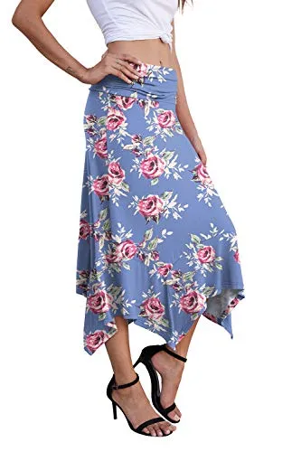 PrinStory Women's Casual Elegant Flowy Handkerchief Hemline Midi Skirt US XX-Lage FP Rose Gray Blue