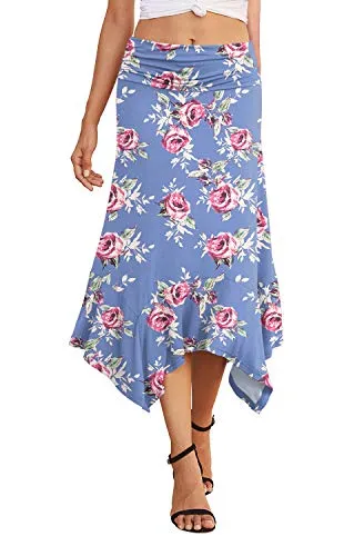 PrinStory Women's Casual Elegant Flowy Handkerchief Hemline Midi Skirt US XX-Lage FP Rose Gray Blue