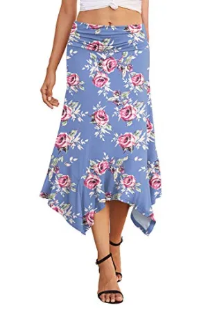 PrinStory Women's Casual Elegant Flowy Handkerchief Hemline Midi Skirt US XX-Lage FP Rose Gray Blue