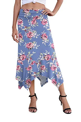 PrinStory Women's Casual Elegant Flowy Handkerchief Hemline Midi Skirt US XX-Lage FP Rose Gray Blue