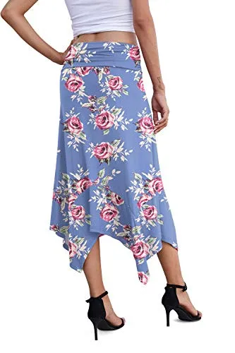 PrinStory Women's Casual Elegant Flowy Handkerchief Hemline Midi Skirt US XX-Lage FP Rose Gray Blue