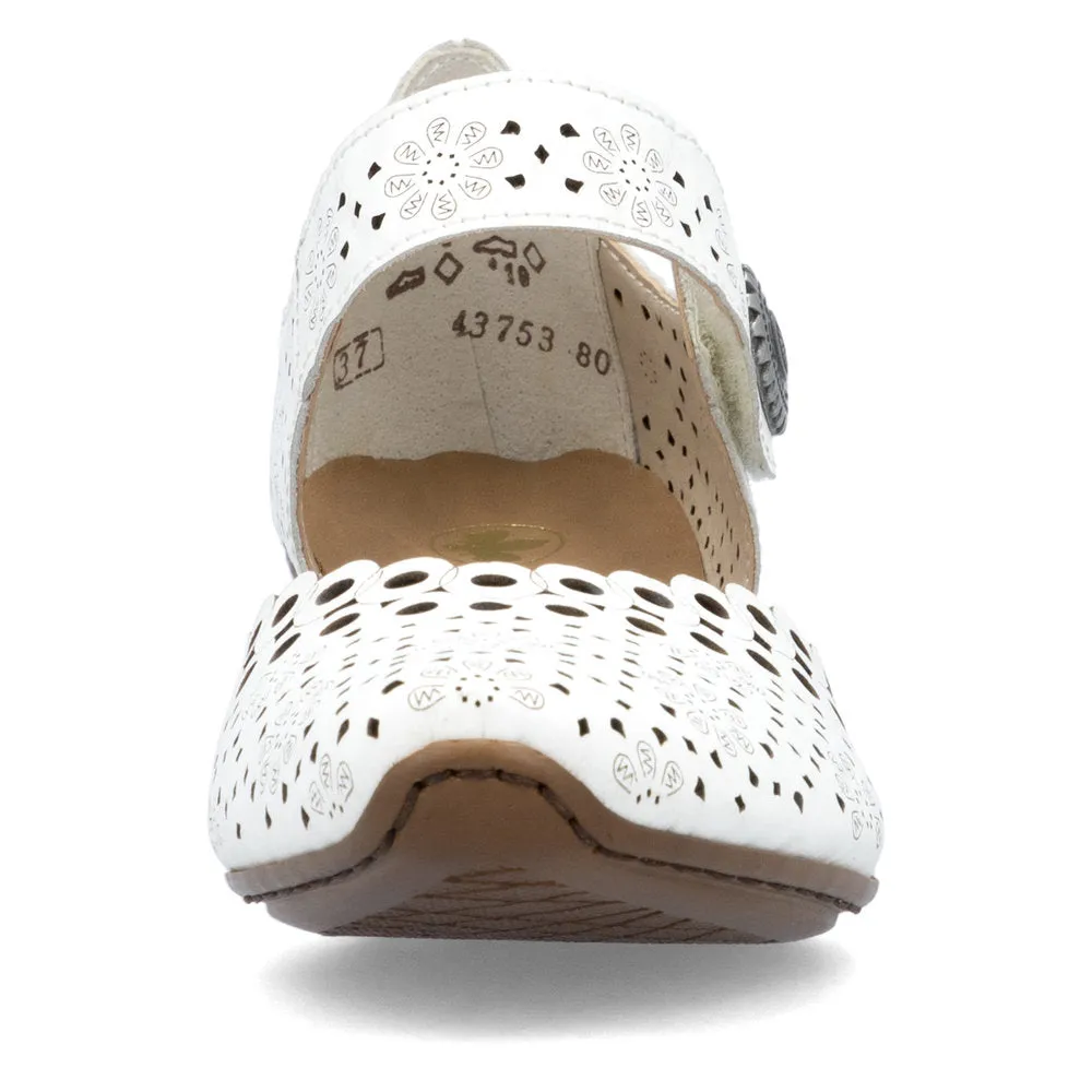 Rieker Bar Shoe 43753-80 WHITE  Smart Heeled Leather Bar Shoe With Touch Fastening