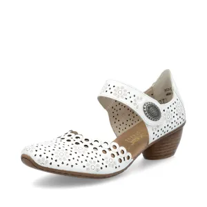 Rieker Bar Shoe 43753-80 WHITE  Smart Heeled Leather Bar Shoe With Touch Fastening