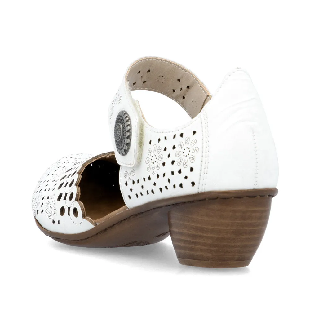 Rieker Bar Shoe 43753-80 WHITE  Smart Heeled Leather Bar Shoe With Touch Fastening