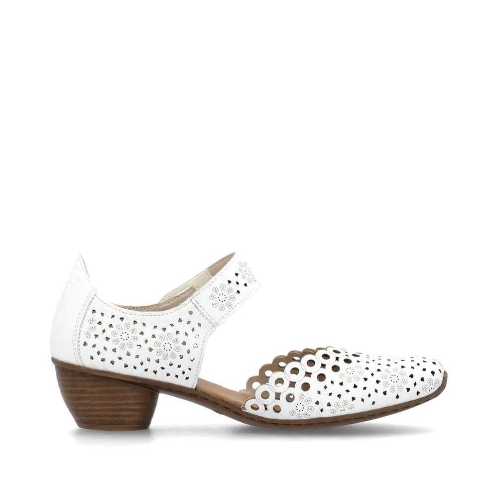 Rieker Bar Shoe 43753-80 WHITE  Smart Heeled Leather Bar Shoe With Touch Fastening