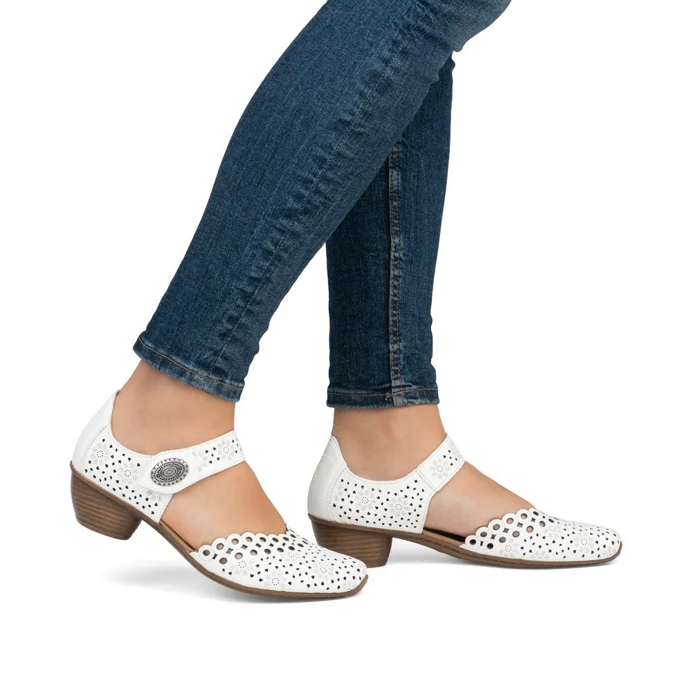 Rieker Bar Shoe 43753-80 WHITE  Smart Heeled Leather Bar Shoe With Touch Fastening