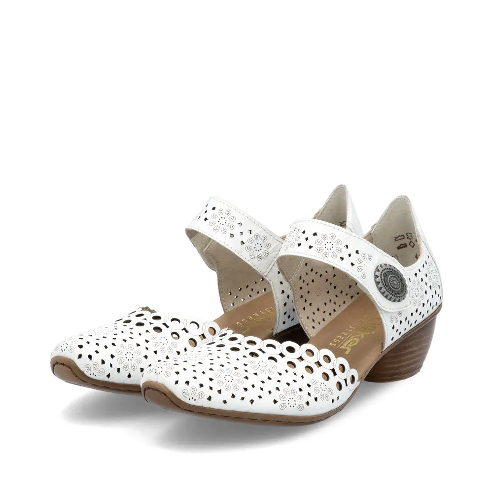 Rieker Bar Shoe 43753-80 WHITE  Smart Heeled Leather Bar Shoe With Touch Fastening