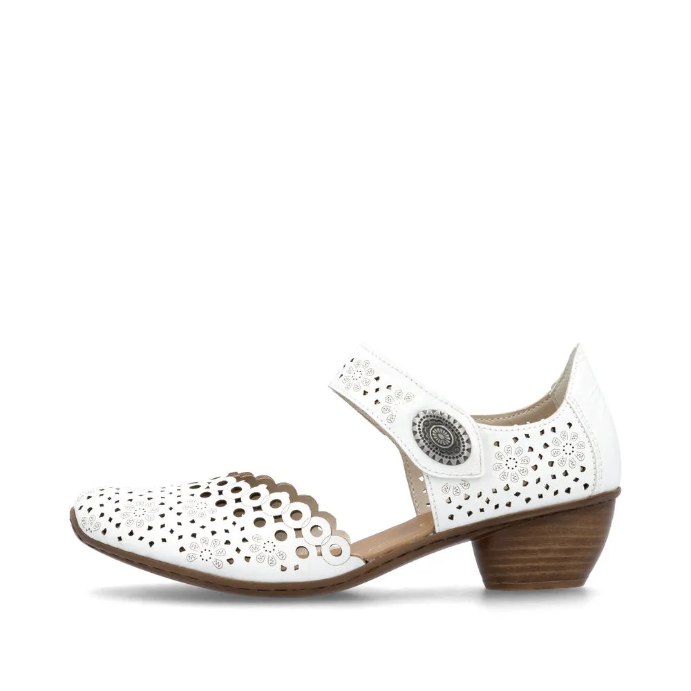 Rieker Bar Shoe 43753-80 WHITE  Smart Heeled Leather Bar Shoe With Touch Fastening