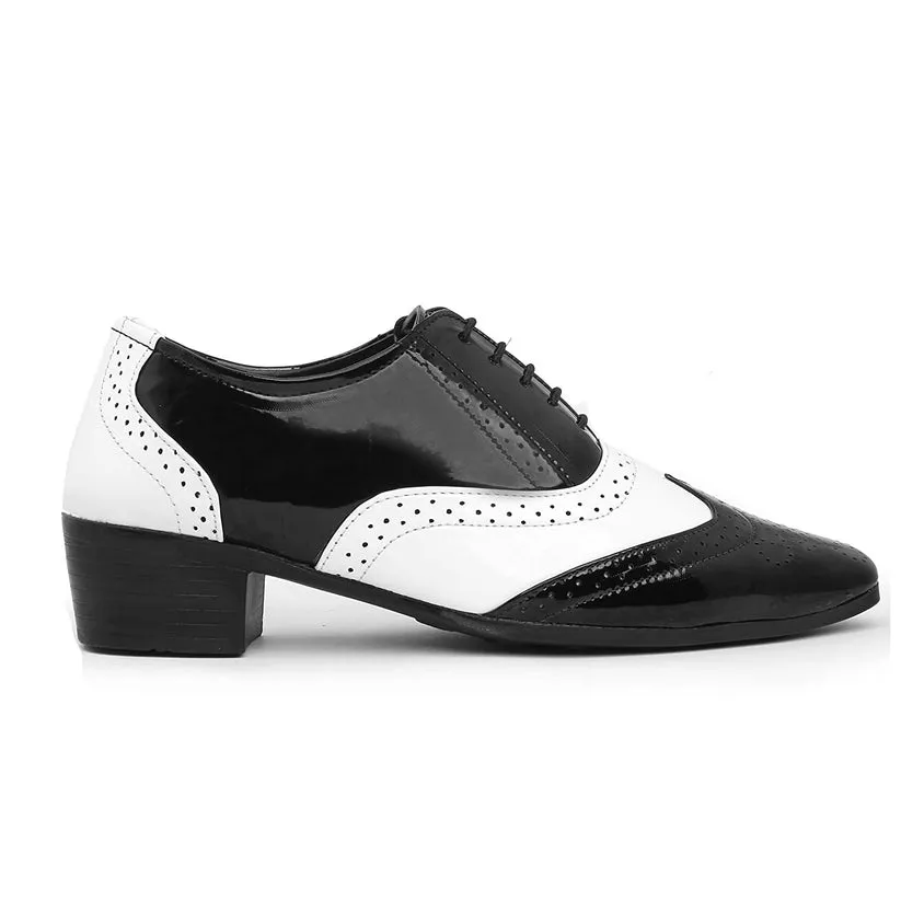 Shiny Black and White Lace-Up Invisible Height Increasing Shoes