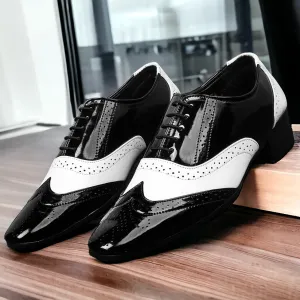Shiny Black and White Lace-Up Invisible Height Increasing Shoes