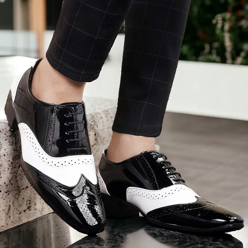Shiny Black and White Lace-Up Invisible Height Increasing Shoes