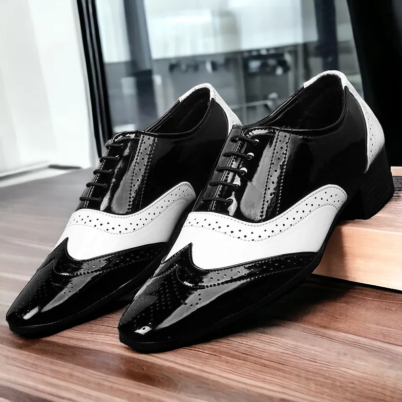 Shiny Black and White Lace-Up Invisible Height Increasing Shoes