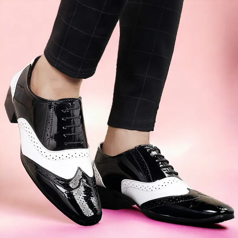 Shiny Black and White Lace-Up Invisible Height Increasing Shoes