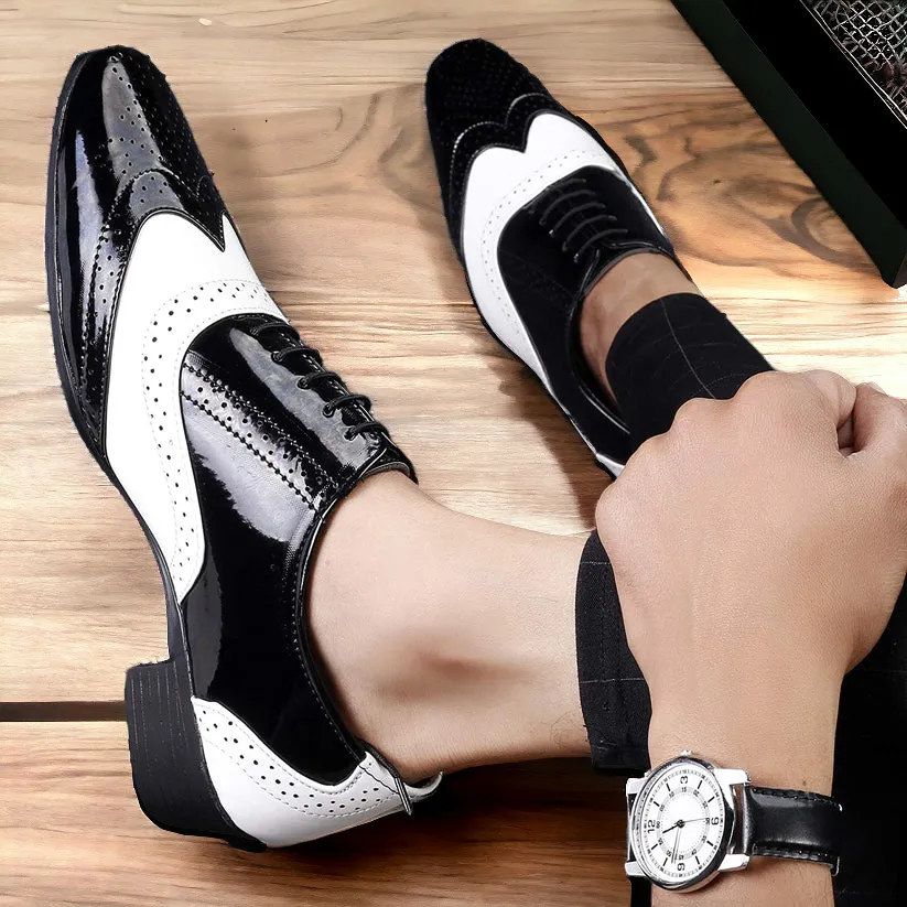 Shiny Black and White Lace-Up Invisible Height Increasing Shoes