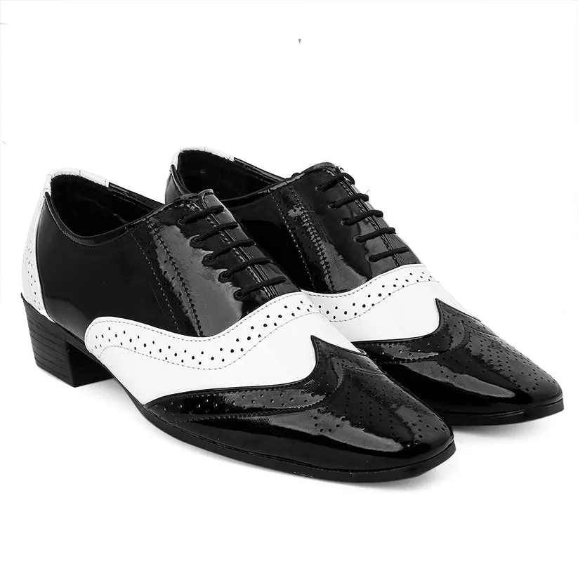 Shiny Black and White Lace-Up Invisible Height Increasing Shoes
