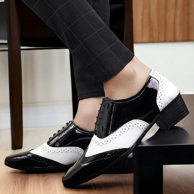 Shiny Black and White Lace-Up Invisible Height Increasing Shoes