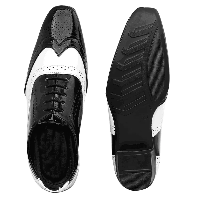 Shiny Black and White Lace-Up Invisible Height Increasing Shoes