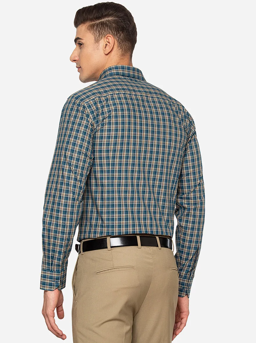 Teal Blue Checked Slim Fit Formal Shirt | JadeBlue