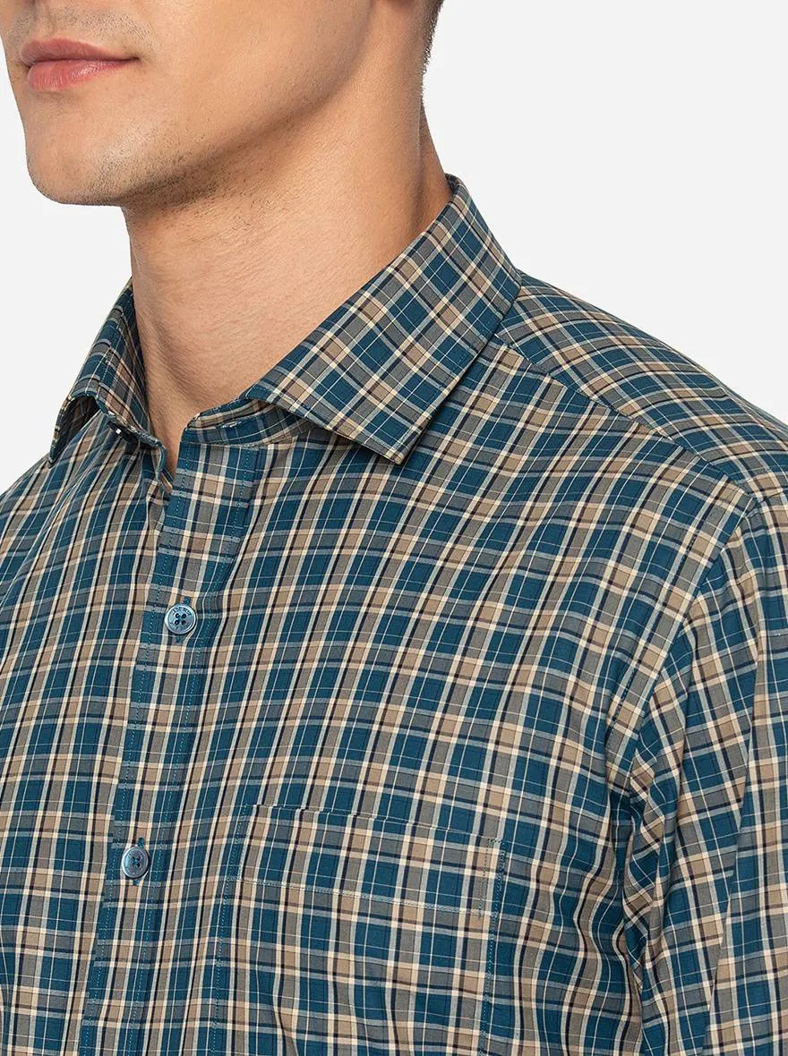 Teal Blue Checked Slim Fit Formal Shirt | JadeBlue